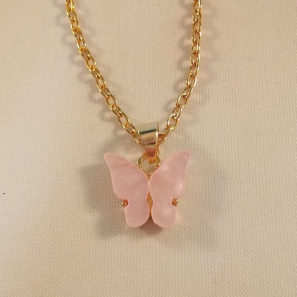 Gold Plated Pink Opal Resin Butterfly Pendant Chain Necklace 20" Party Gift - Picture 2 of 3